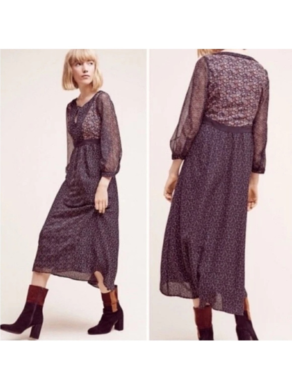 Floreat Black Floral Accent Puff Sleeve mid Dress size 8 lined boho bohemian